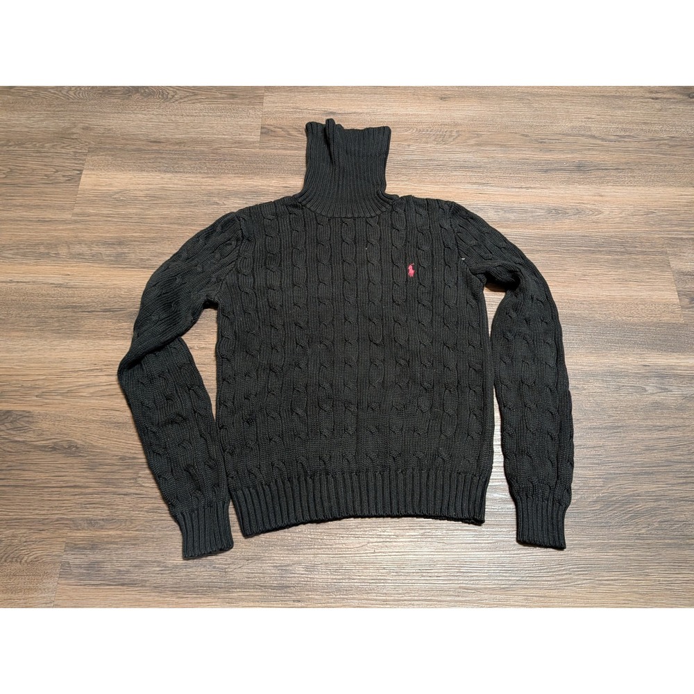 Ralph Lauren Sport Black Cable Knit Turtleneck Sweater Pink Pony Cotton Small